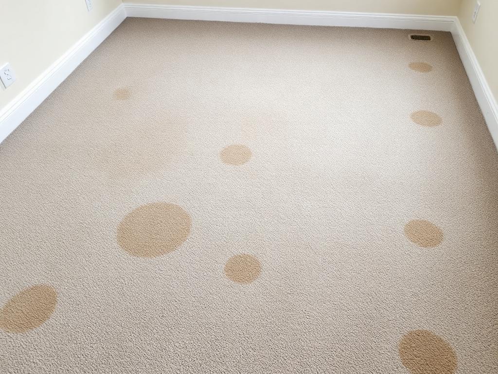 Spotted wall-to-wall carpet before professional cleaning