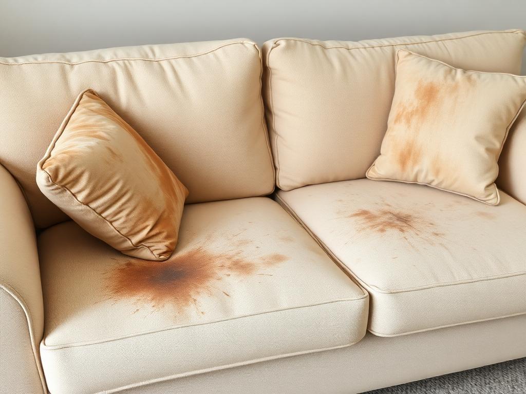 Stained beige sofa before professional cleaning